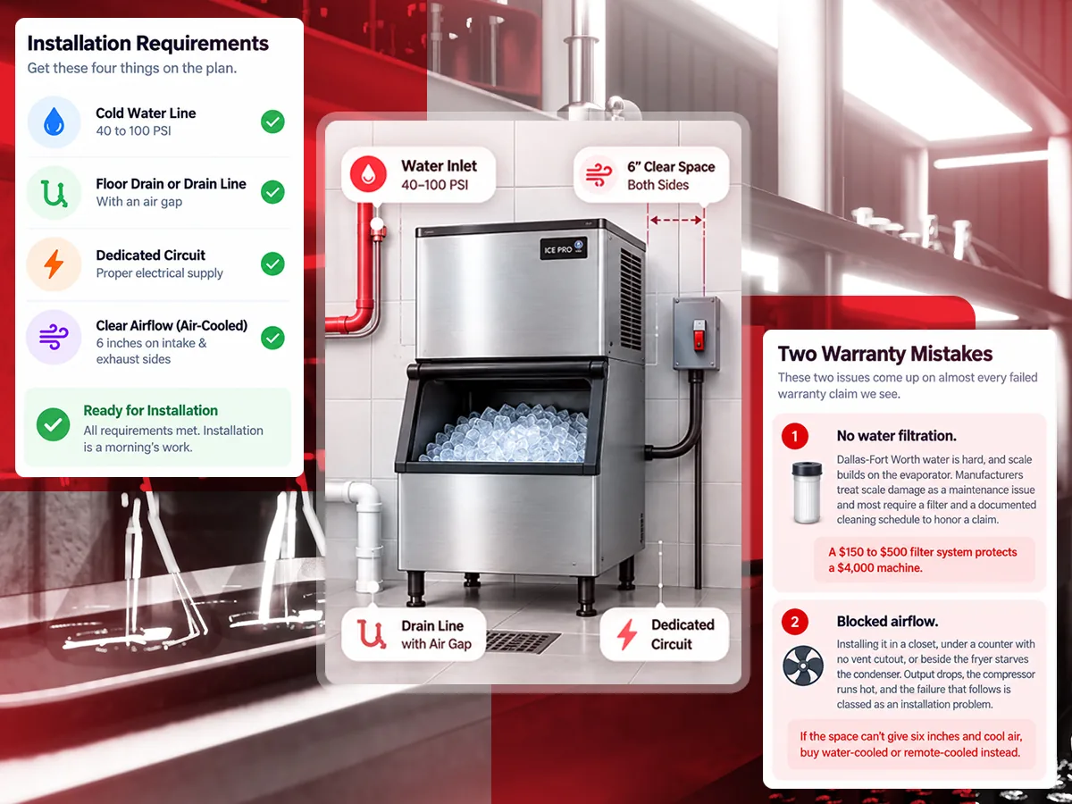 Commercial ice machine installation requirements: cold water line at 40 to 100 PSI, drain line with an air gap, dedicated circuit, and six inches of clearance