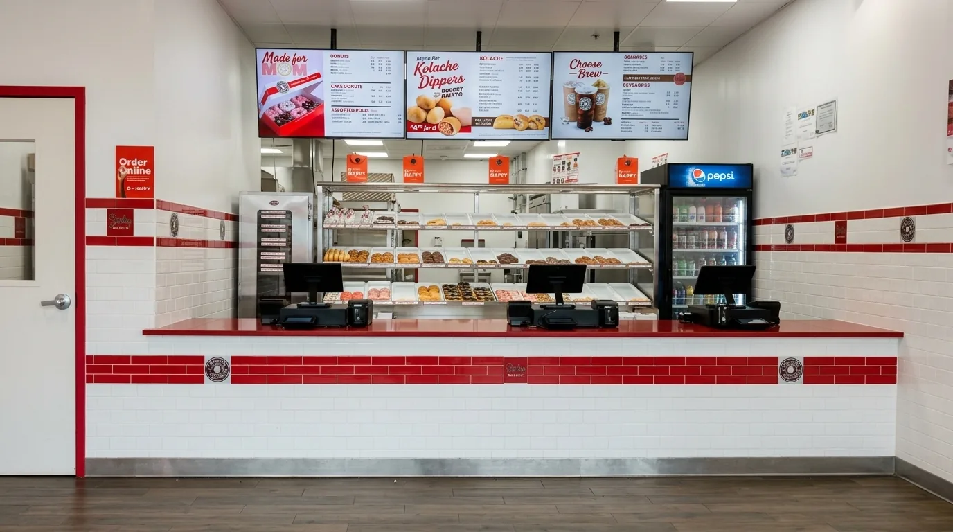 Shipley Do-Nuts bar and counter, donut shop restaurant in Garland, TX, designed and built by Restaurant Headquarters