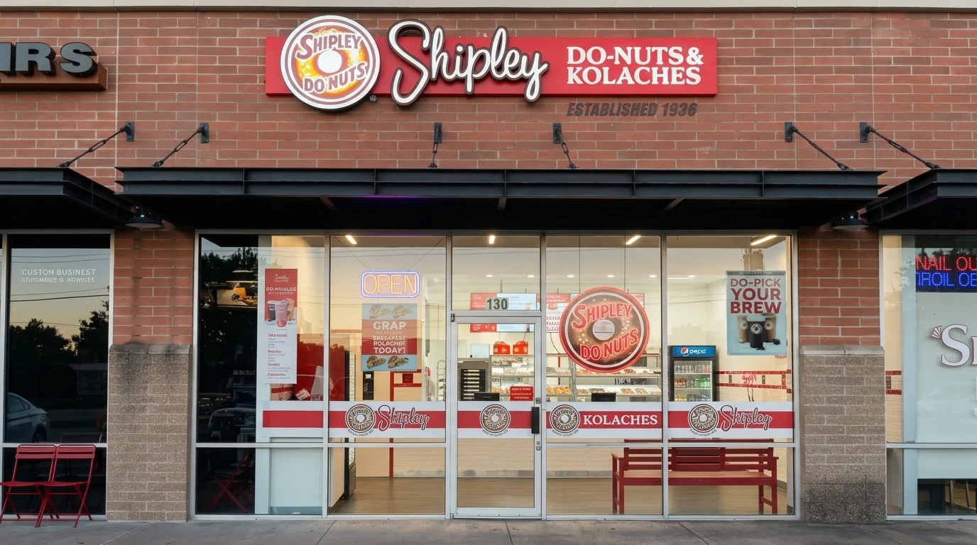 Shipley Do-Nuts exterior and storefront, donut shop restaurant in Garland, TX, designed and built by Restaurant Headquarters