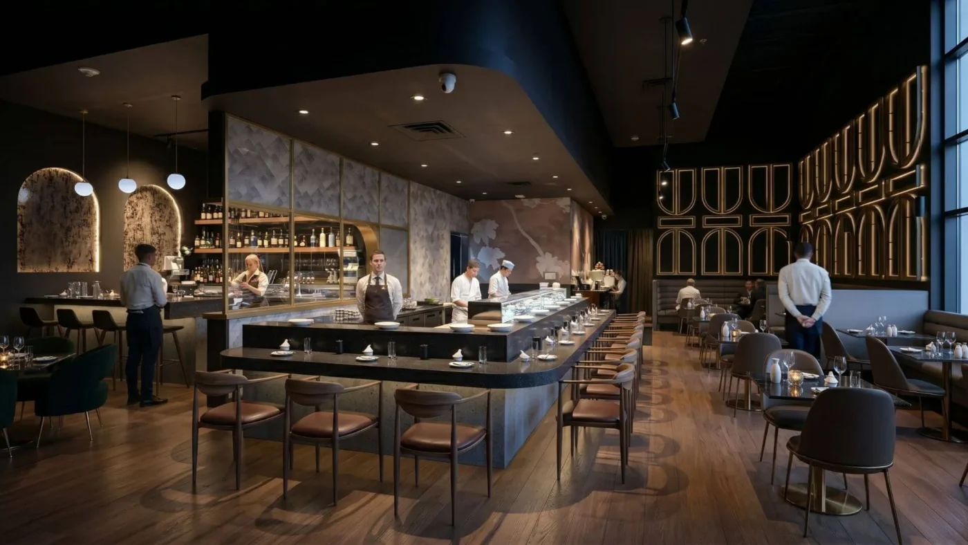 Zumi Modern Sushi bar and counter, modern sushi restaurant in Southlake, TX, designed and built by Restaurant Headquarters